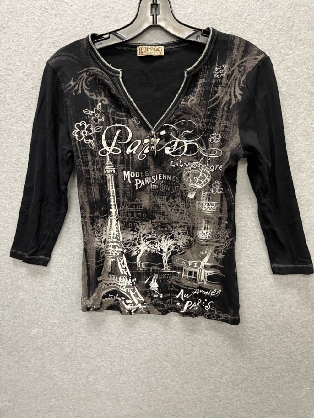 Women's Blue Canyon Y2K Henley Top Features a Paris-Themed Graphic Size Small